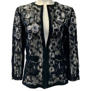 Chanel Black Velvet Silver Sequined Lace Open Jacket